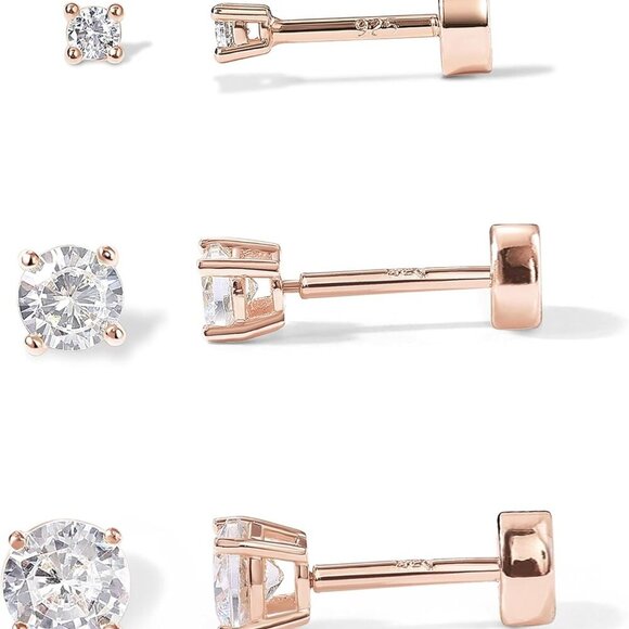 14K Rose Gold Stud Earrings Set 3 Pairs Cubic Zirconia Small Hypoallergenic